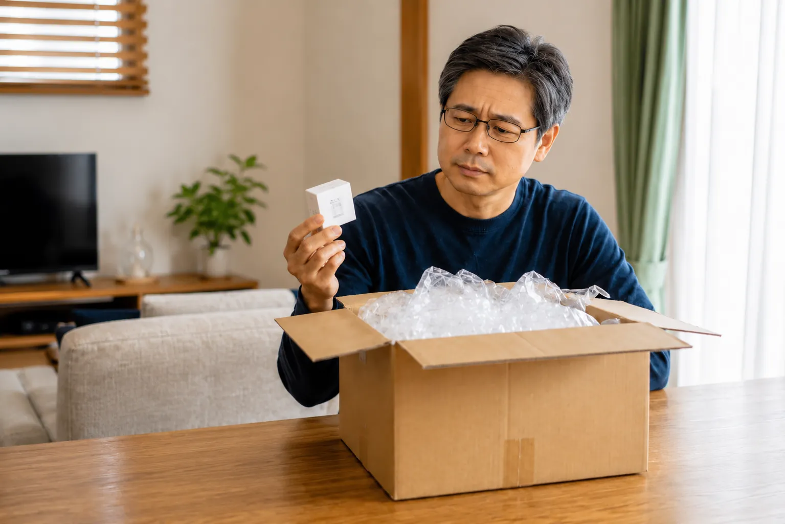 大きな段ボール箱から出てきた小さなワイヤレスイヤホンの箱を、困惑した表情で見つめる男性