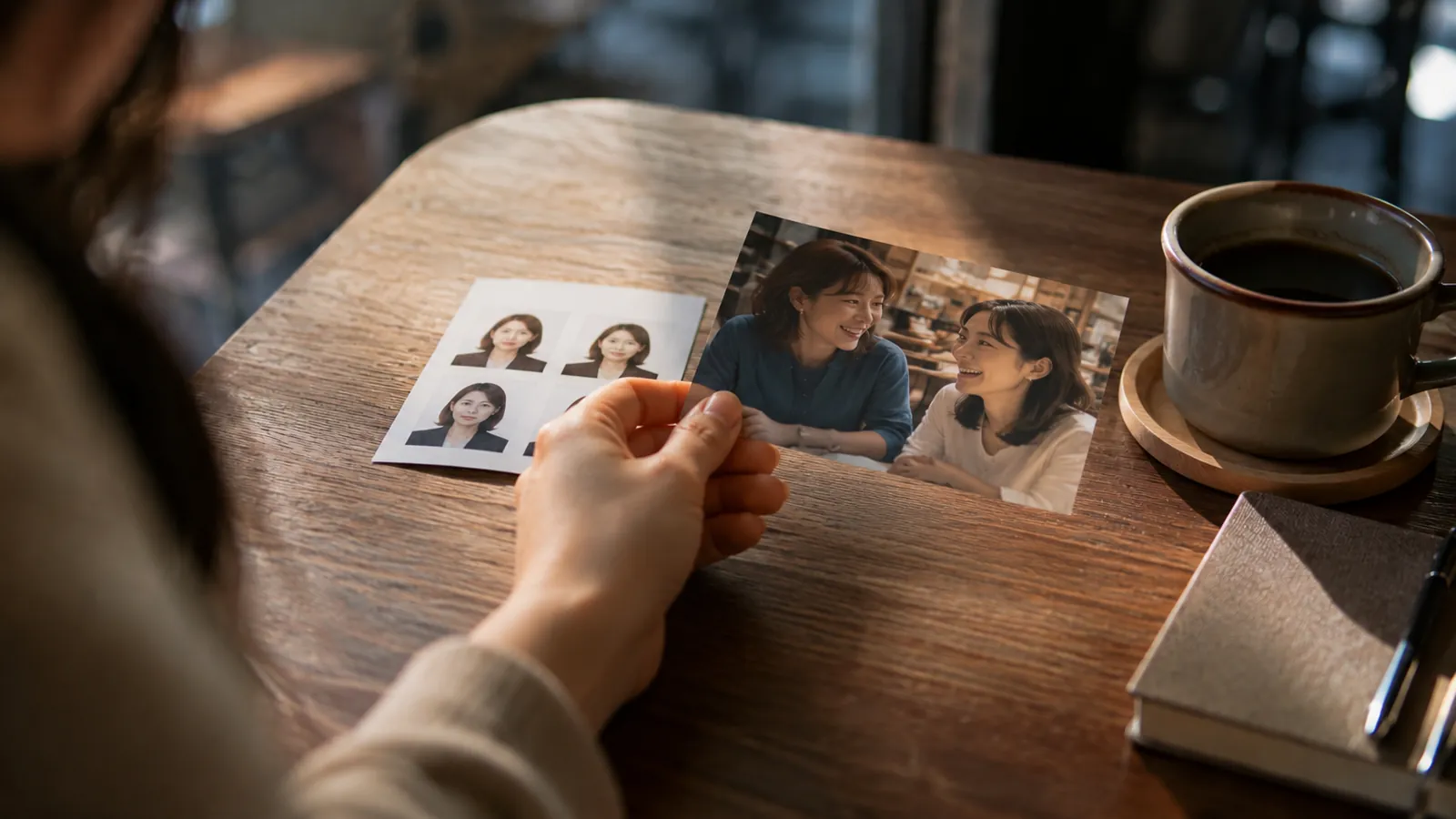 テーブルの上に、証明写真とスナップ写真の2枚が並べて置かれ、女性の手がスナップ写真の方を指し示している場面