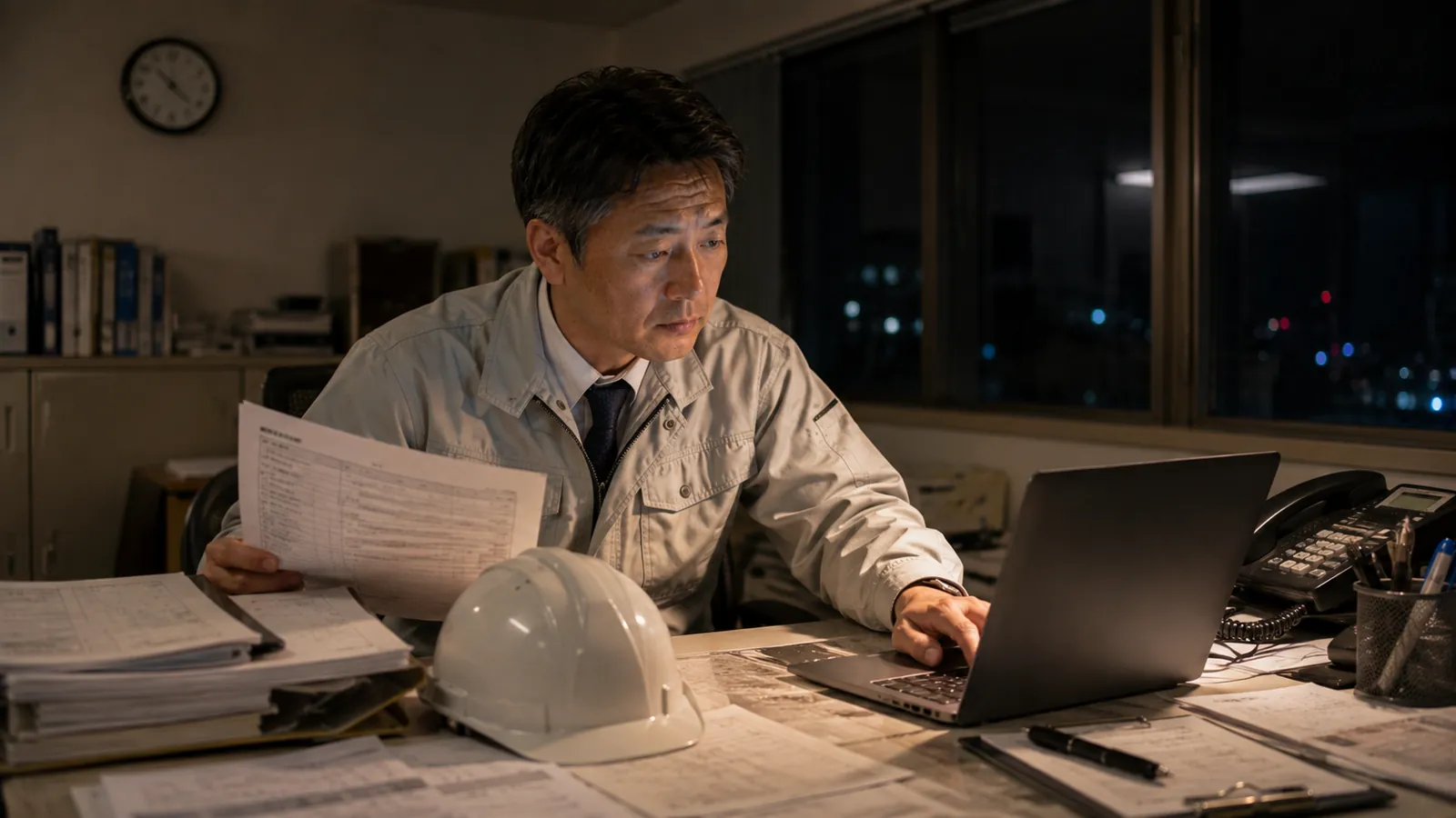 日曜の夜、事務所でひとり安全書類を入力する建設会社の経営者