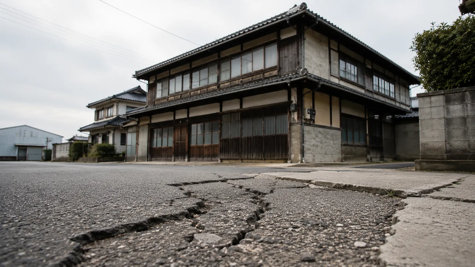 しっかりした古い建物と、その足元に見える地盤のひび割れを対比させたイメージ