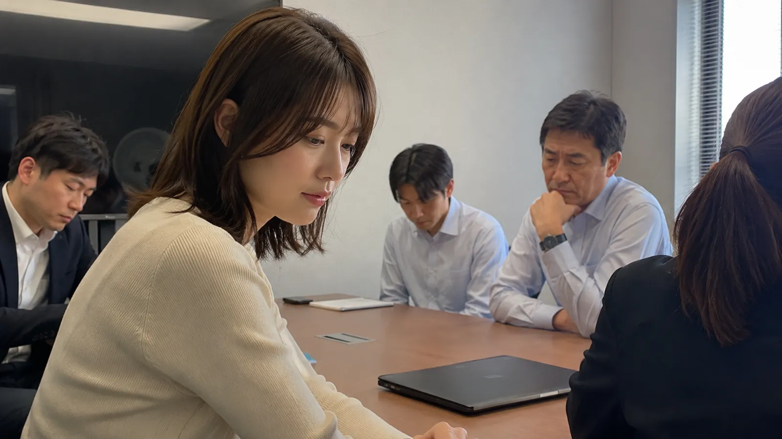 新しい案が出ず沈黙が続く会議室で黙り込む社員たちの実写風写真