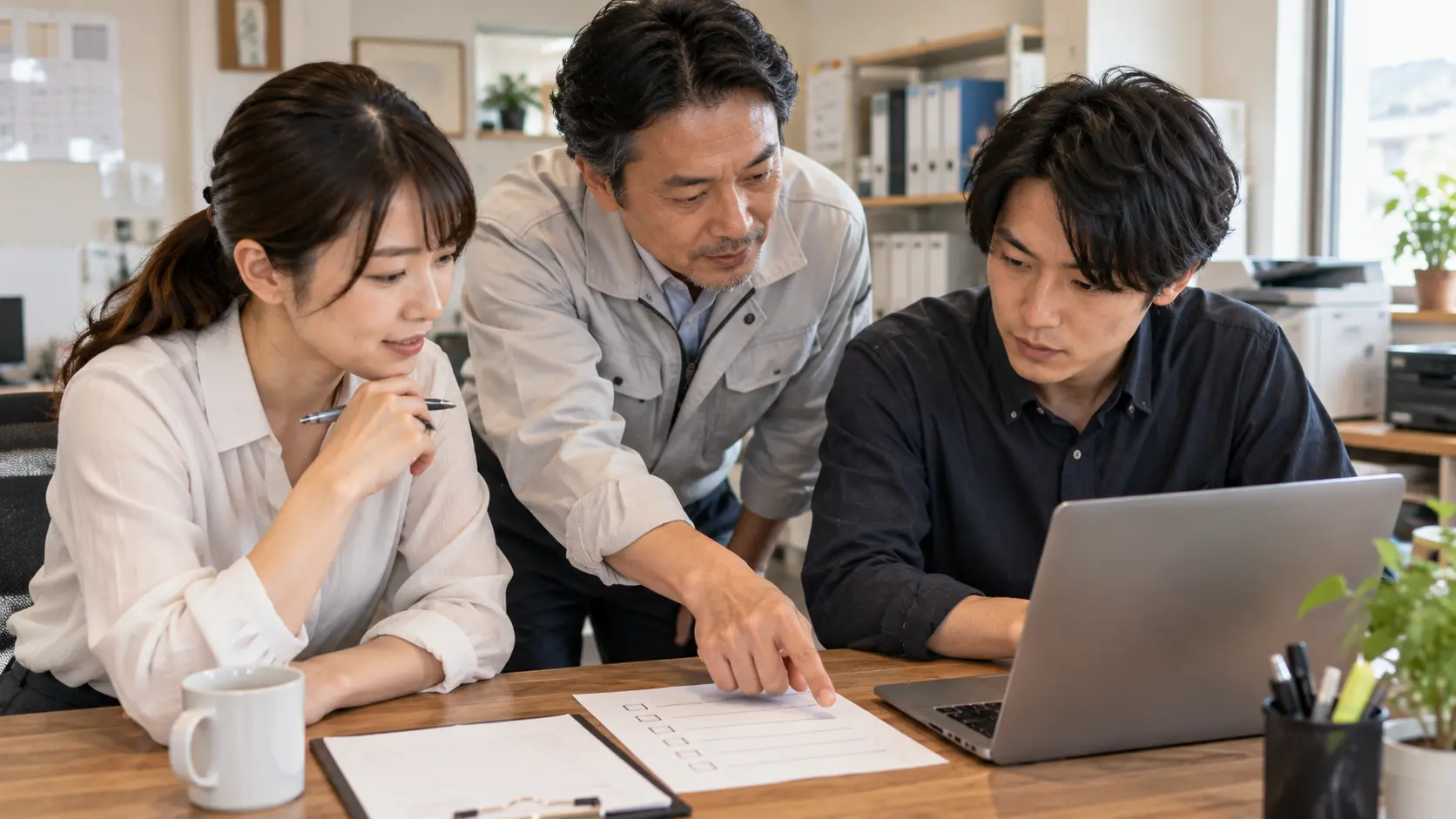 AIで整理した業務手順を現場担当者と責任者が確認している様子