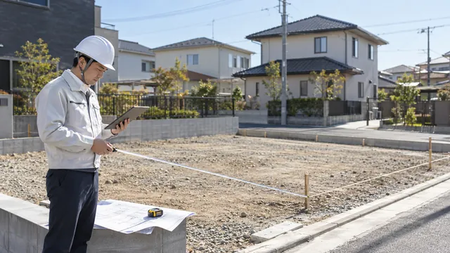 更地で図面を見ながら現地を確認する担当者