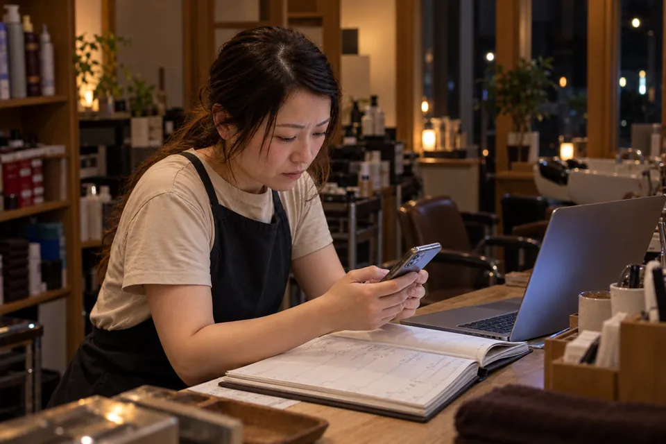 閉店後の暗い店内で、予約台帳とパソコンを前にスマートフォンで返信している美容師